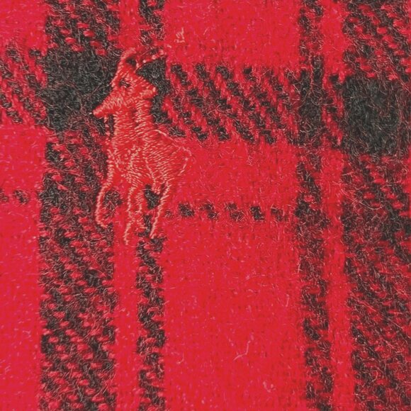 Polo By Ralph Lauren Scarf Red Black Plaid Cashmere Fringe Edges Pony Logo USA - Picture 2 of 8